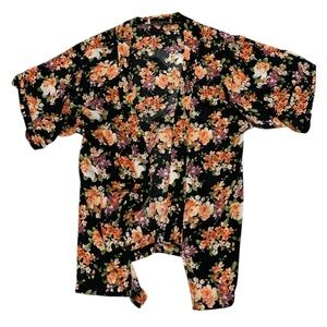 Gypsy Warrior Black Floral Crescent Moon Kimono Cardigan Robe Boho Layer M